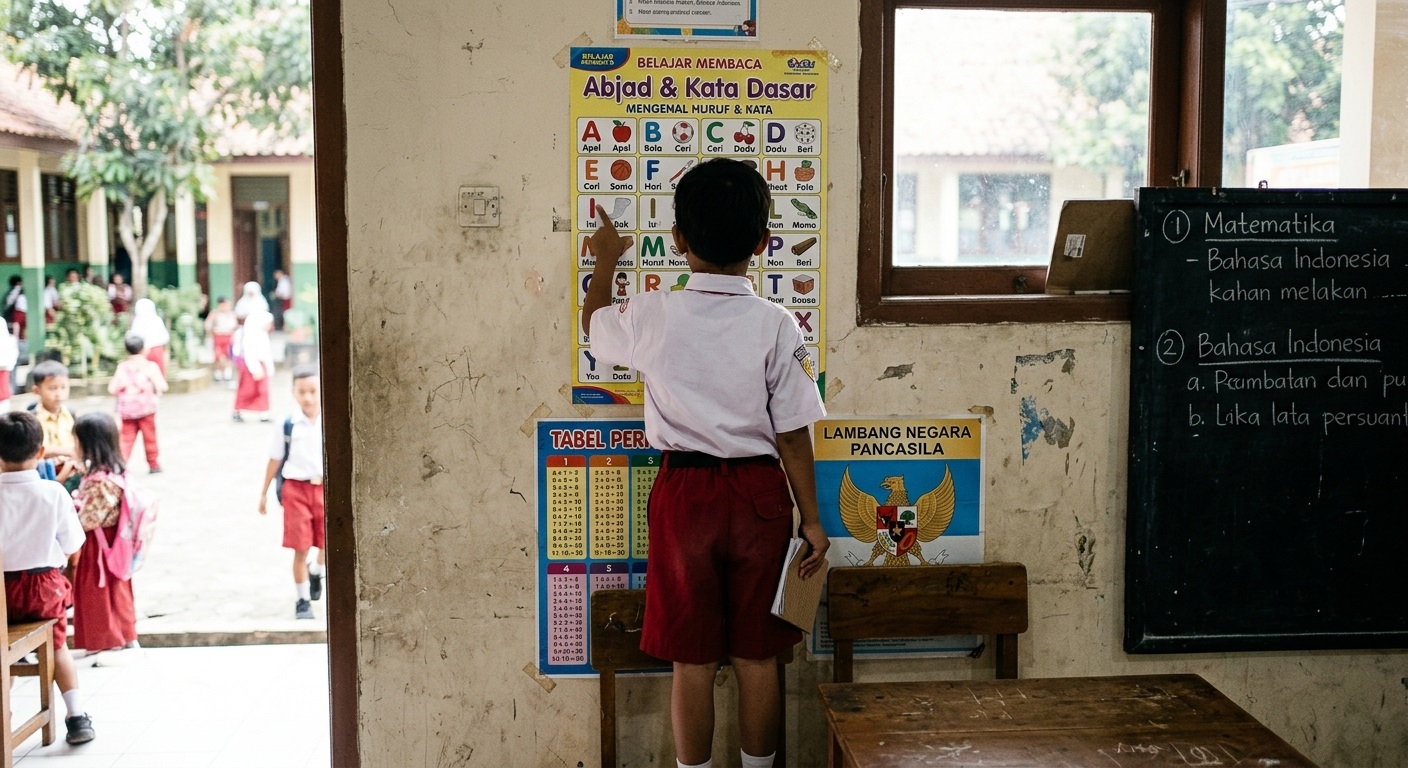Anak belajar menggunakan poster di sekolah